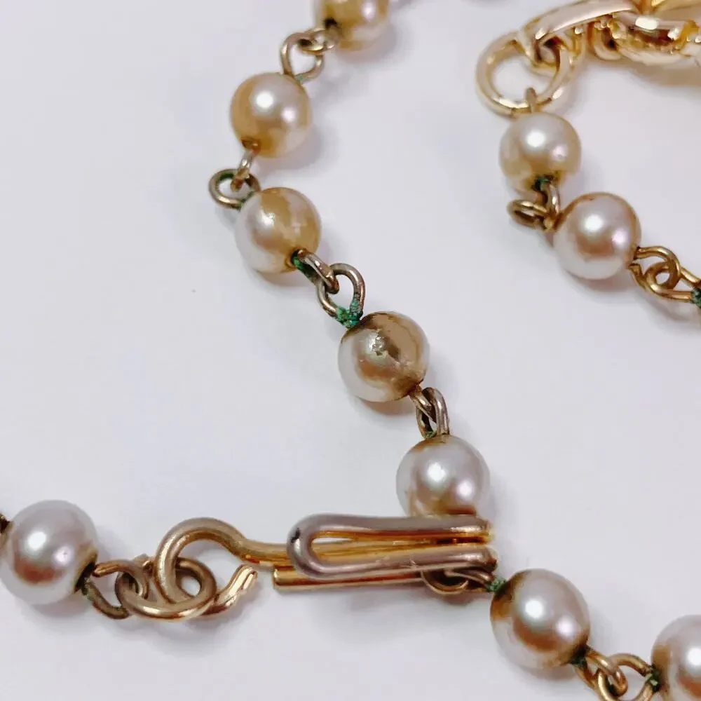 Vintage 50s Gold Tone Black Enamel Faux Pearl Rhinestone Link Choker Necklace